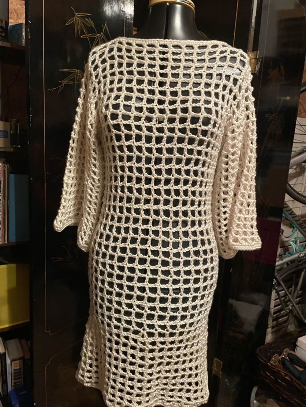 Cream Crochet Open-Knit Women's Swim Coverup Dress